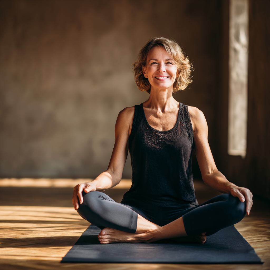 Peaceful elderly woman practicing gentle yoga poses in a serene outdoor setting with soft natural lighting