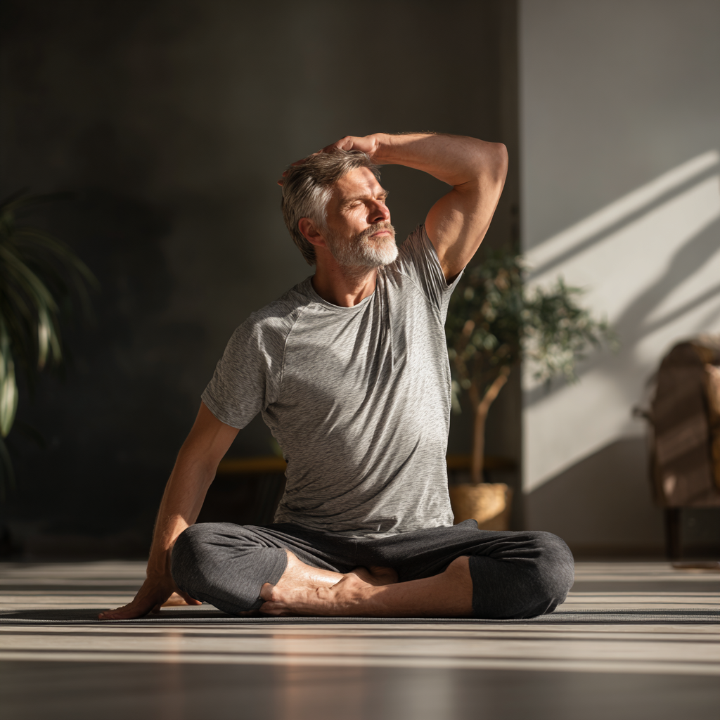 Group of diverse elderly Ukrainian adults participating in gentle yoga session led by professional instructor in bright, peaceful studio setting